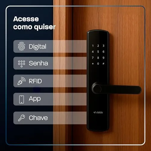 Fechadura Digital de Embutir com Biometria Velds, Wi-Fi, Controle por App, Teclado de Senha, Multiusuário, Cartão RFID e Chave Mecânica, Bluetooth, Black Piano