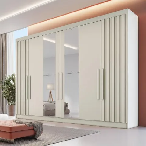 Guarda Roupa Casal 6 Portas com 2 Portas Ripadas Potente com Espelho - Móveis Europa