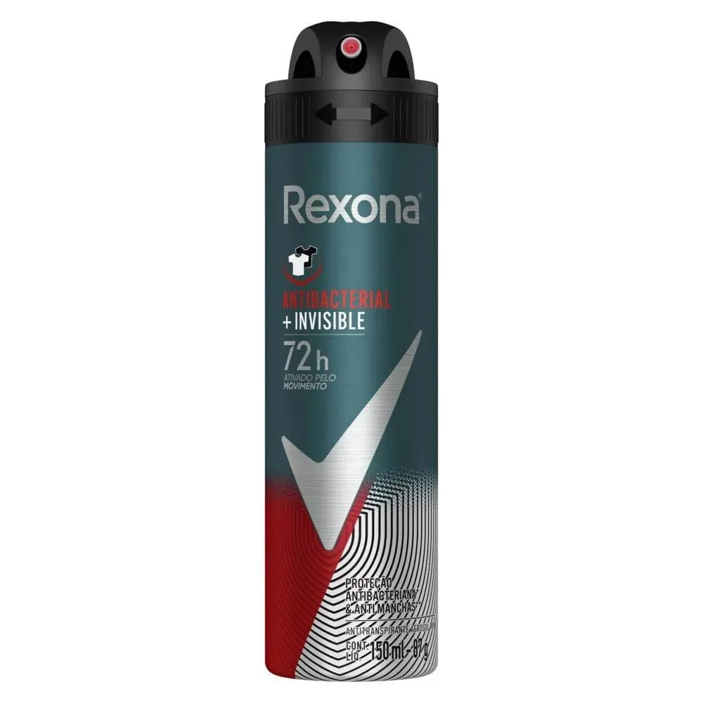 Desodorante Antitranspirante Aerosol Masculino Rexona Antibacterial + Invisible 72 horas 150ml