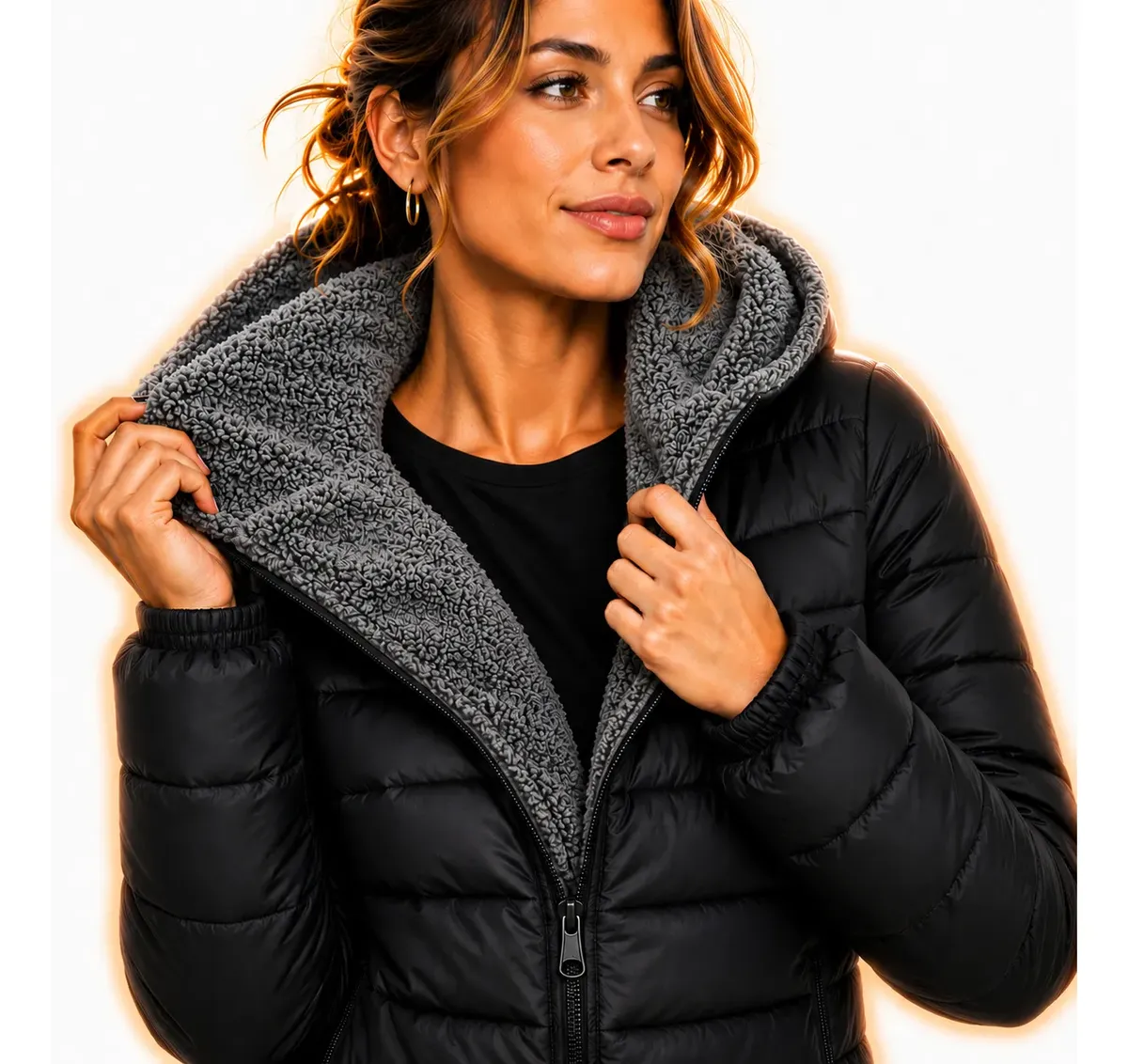 Jaqueta Feminina Peluciada Bobojaco Puffer Com Capuz Inverno