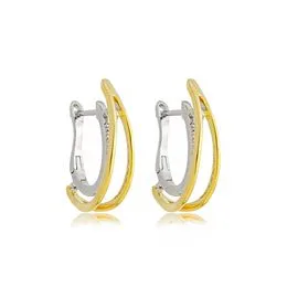 Brinco de Prata com Banho Argola Bicolor com Efeito Pendulo Liso Cravejado com Zircônias - BR25940