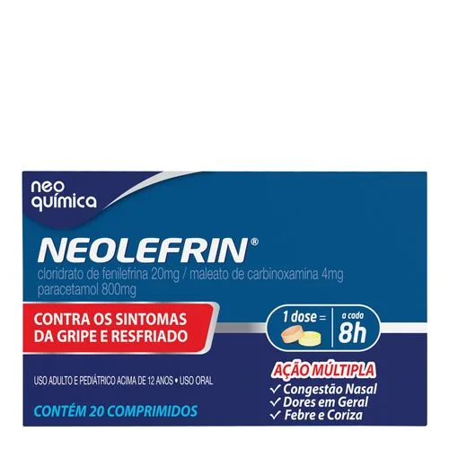 Antigripal, Descongestionante, Analgésico e Antitérmico Neolefrin 400mg + 20mg + 400mg + 4mg 20 Comprimidos