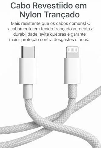 Cabo Carregador Turbo USB-C 1 Metro Trançado De Nylon Branco Compativel Com Iphone 14,13,12,11,X e XR