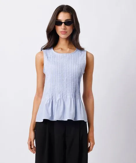 blusa feminina com pregas listrada mindset azul