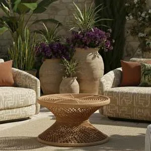 Mesa Lateral Mandola Redonda Em Rattan Trançado Bahali 70x43cm