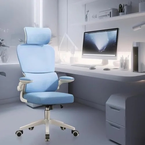 Cadeira de escritório, design ergonômico com suporte lombar independente, malha respirável e encosto de cabeça ajustável(Azul)