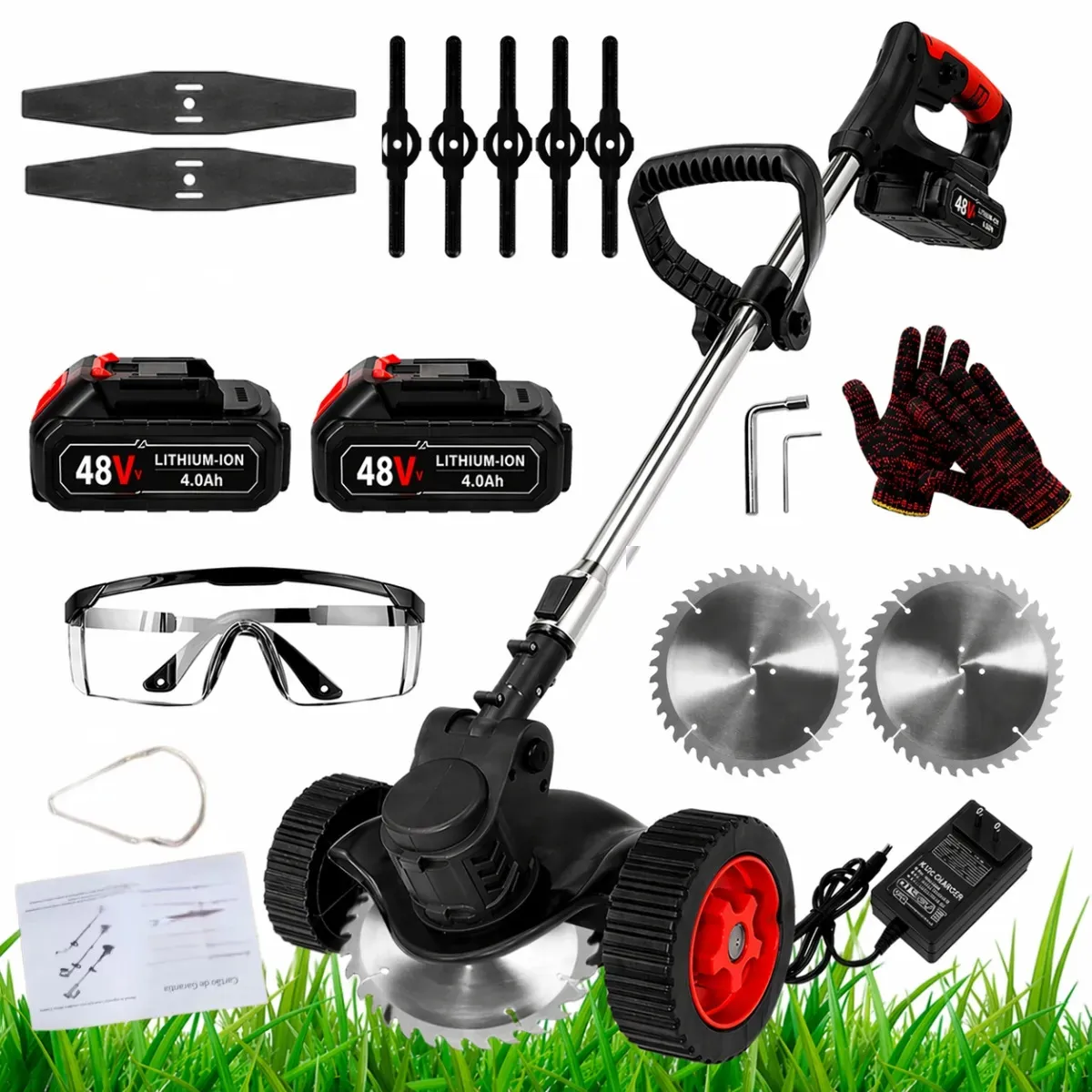 Cortador De Grama Elétrico Com Rodas 2 Bateria Roçadeira Recarregável Aparador Sem Fio Profissional Laminas Preto 48v