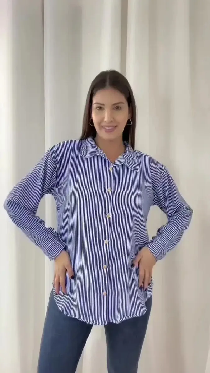 Camisao Estilo Camisa Social Listrada Risca De Giz Elegante