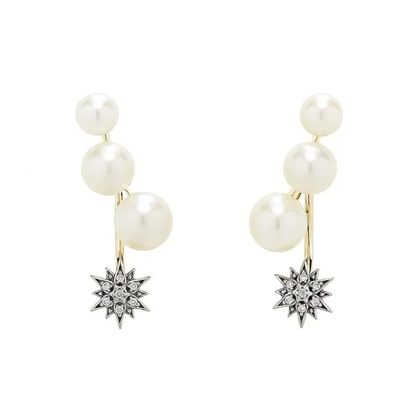 Brincos de ouro amarelo e Ouro Nobre 18K com pérolas e diamantes cognac - Estrela - Coleção Pérolas do Gênesis