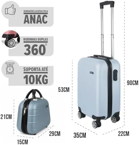 Kit Mala de Bordo Silent Ipanema + Frasqueira - Padrão ANAC | Rígida em ABS | 4 Rodas Duplas 360° | Cadeado Numérico Integrado | Leve e Resistente (Azul Candy)