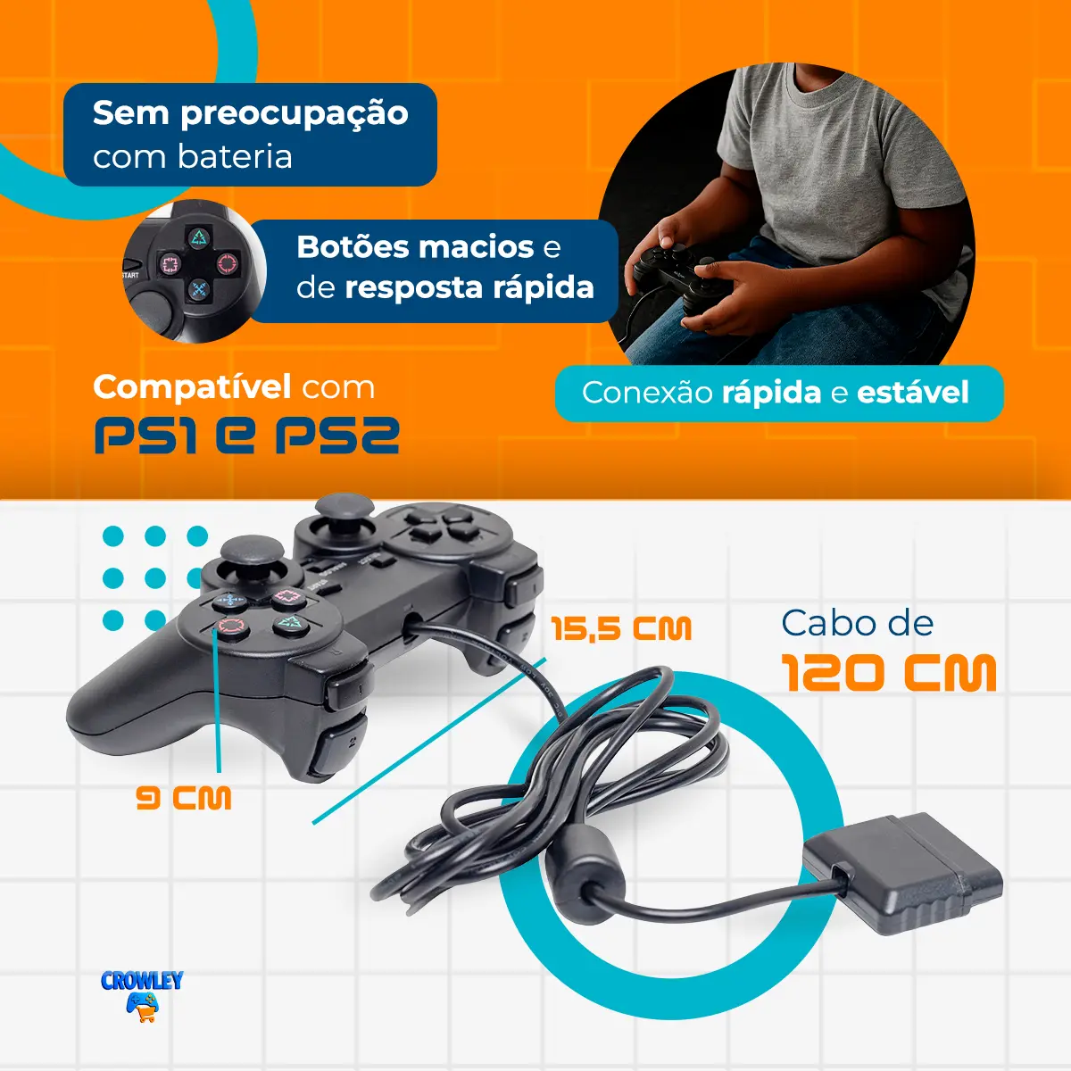 Kit 2 Controles Para Ps1 Ps2 Com Fio Analógico Joystick Manete - Crowley