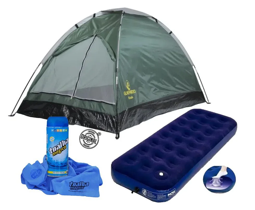 Barraca Acampamento Iglu 3 Pessoas Koala - Guepardo + Colchão Inflável Multiuso Solteiro + Toalha Mágica