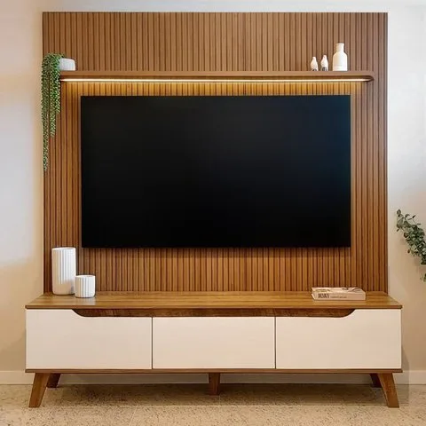 Rack com Painel Ripado para TV até 75 Polegadas com LED MDF 185,5cmx183cm Impressão Ripada 3D Liverpool
