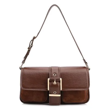Bolsa De Ombro Fivela - Couro Camurça Marrom/Couro Marrom