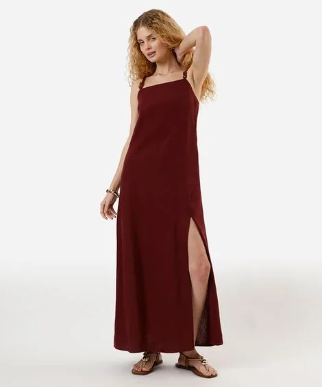 vestido longo alça fina feminino com linho e fenda vinho