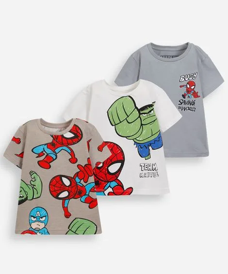 kit 3 camisetas infantis de algodão marvel colorido
