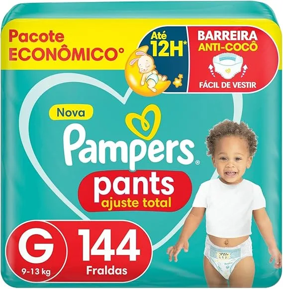 Fralda Descartável Pampers Pants Ajuste Total - Tamanho G, 144 Unidades - Fácil de vestir, Barreira Anti-Cocô Proteção de até Zero Vazamentos, Cobertura Suave com Loção Hipoalergênica para seu Bebê