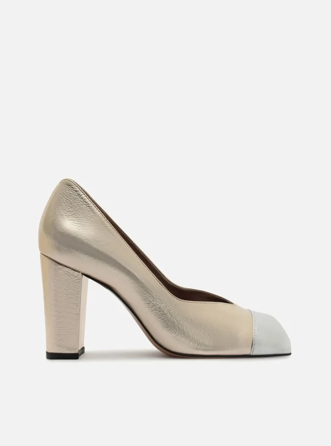 Scarpin Dourado Couro Salto Bloco Cap Toe Prata