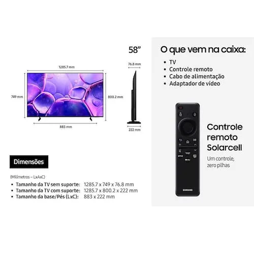Smart TV 58 Polegadas Samsung U8500F Crystal UHD 4K 2025 Xbox Cloud Gaming Canais Gratuitos 7 Anos de Atualização AI Energy Mode Alexa integrada