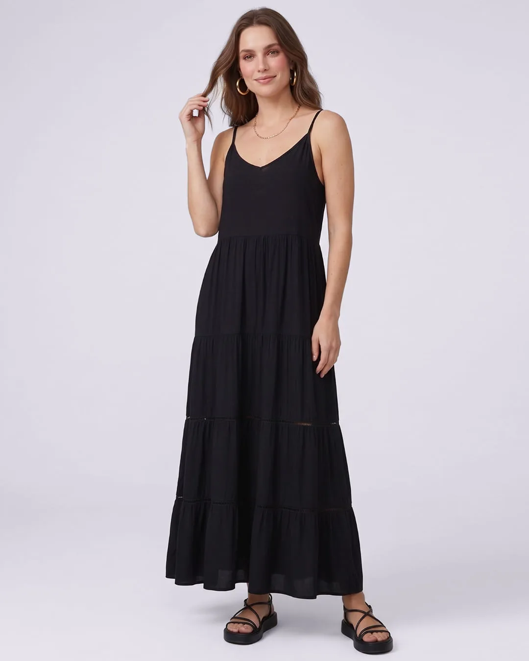Vestido Longo Feminino Viscose Alças Finas Preto