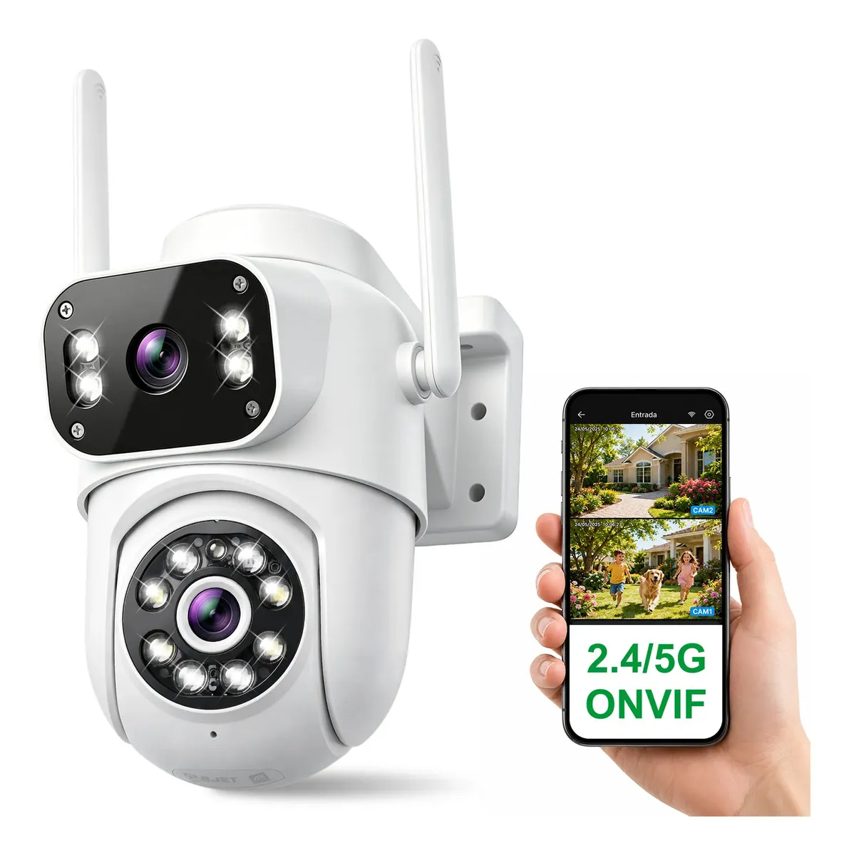 Câmera De Segurança 360° Cvlink Ptz 8mp Wifi 2.4g/5g, Ip66, Dupla Lente Com 10x Zoom, Externa, Áudio Bidirecional, Alarme Branco