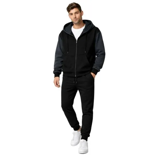 Conjunto Jaqueta Masculina com Zíper Capuz + Calça Moletom Casual Confortável Inverno - Preto+Chumbo