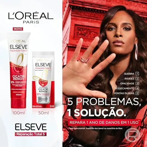 Leave-In L'Oréal Paris Elseve Reparação Total 5 Cicatri Renov, Reparação Instantânea, Desembaraço Imediato, Repara os Danos Fio a Fio, Para Todos os Tipos de Cabelo 100ml