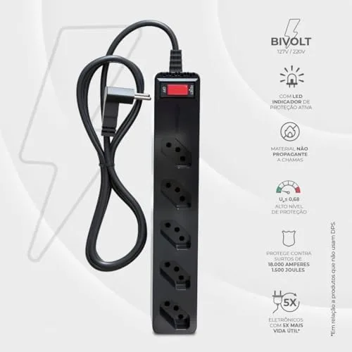 Filtro de Linha iCLAMPER Energia 5 com Proteção contra Surtos Elétricos(DPS) 5 Tomadas, 3 Pinos, 10 Amperes para PC, Notebook, Roteador, Monitor, Impressora, PS5, Alexa e etc, Bivolt, Cabo de 1m Preto
