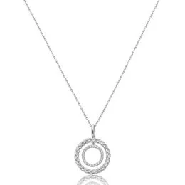 Gargantilha de Prata Malha Cadeado 45cm Pingente Redondo Duplo Vazado Trabalhado e com Zircônias - GG25977