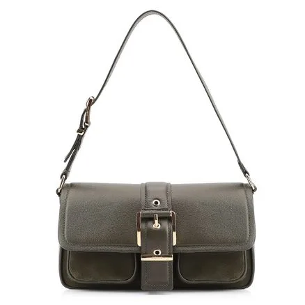 Bolsa De Ombro Fivela - Couro Camurça Verde /Couro Verde