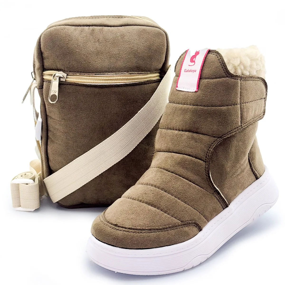 Kit Bota Menina Infantil Inverno Cano Alto Com Bolsa Marrom/Bege Gatatuya