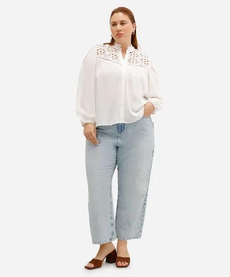 calça comfort reta feminina jeans cintura super alta plus size azul