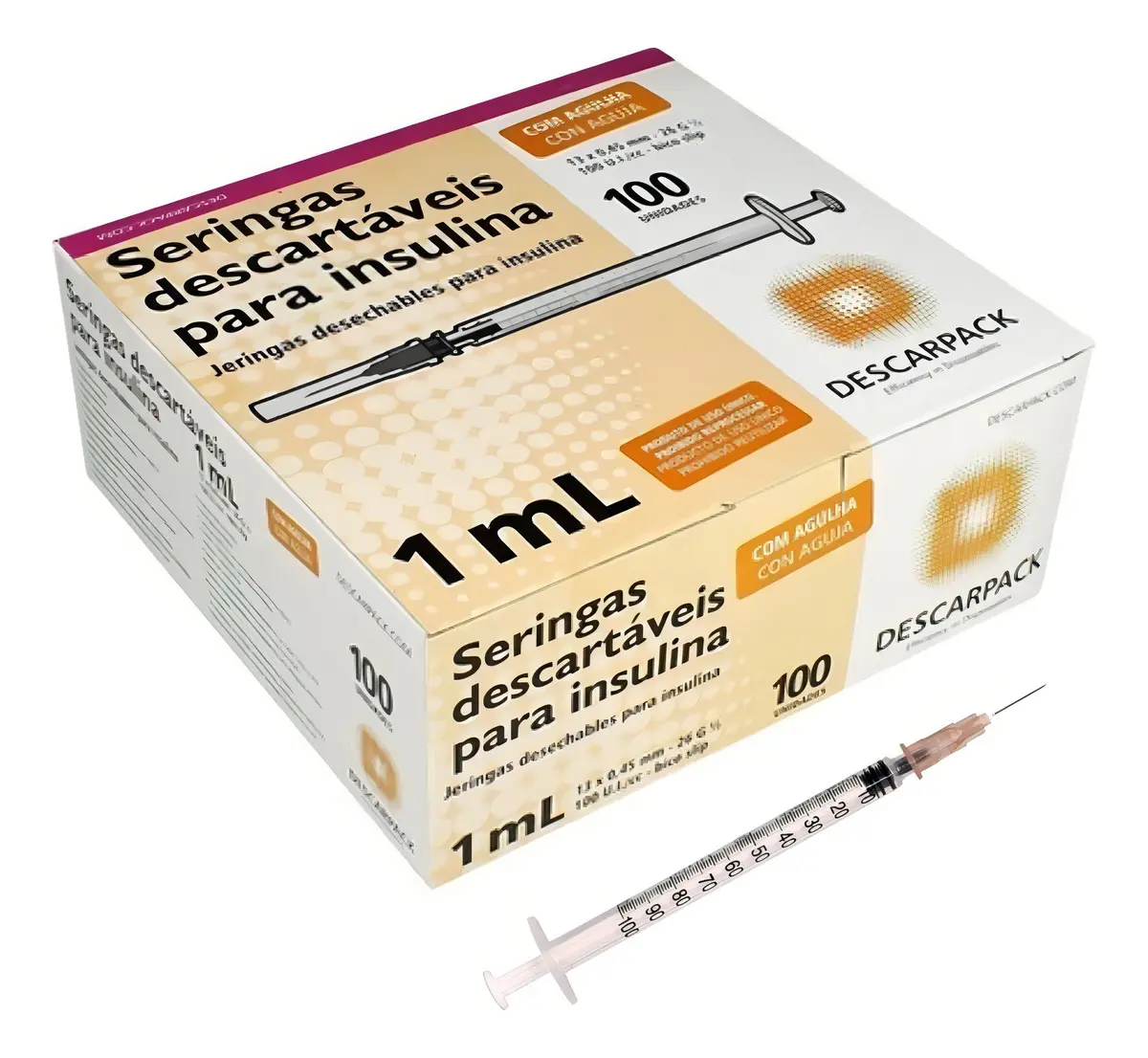 Seringa Insulina 13 x 0.45 26 G½ 1 ml 100 Unidades Descarpack