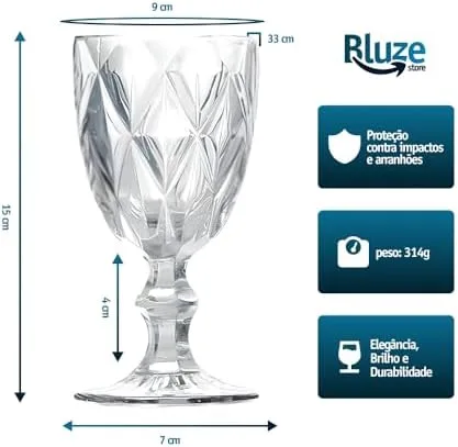 Jogo de 6 Taças de Vidro Diamond Transparente 315ml Design Elegante e Resistente Ideal para Suco Água Refrigerante Drinks e Café Transparente para Cozinha Bar e Restaurante