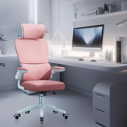 Cadeira de escritório, design ergonômico com suporte lombar independente, malha respirável e encosto de cabeça ajustável(Rosa)