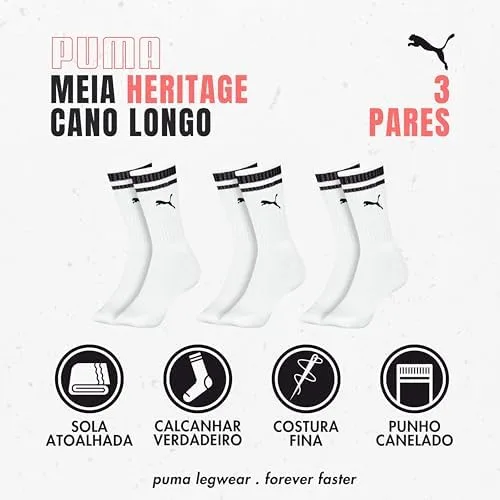 Kit 3 Pares Meia Cano Alto Puma Longo Esportiva Sola Atoalhada Algodão Masculino