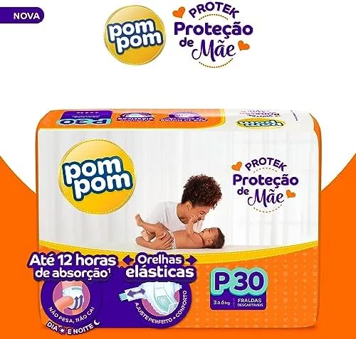 Fralda Pom Pom Protek Proteção de Mãe Jumbo P 30 Unidades