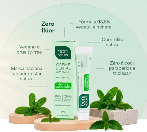 BONI NATURAL - Creme Dental com óleos naturais de Menta e Melaleuca Vegano e Natural, Sem Flúor, Sem Triclosan, 90g