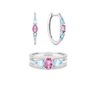 Conjunto Anel + Argola em Prata 925 com Ametista Roxa e Topázio Azul