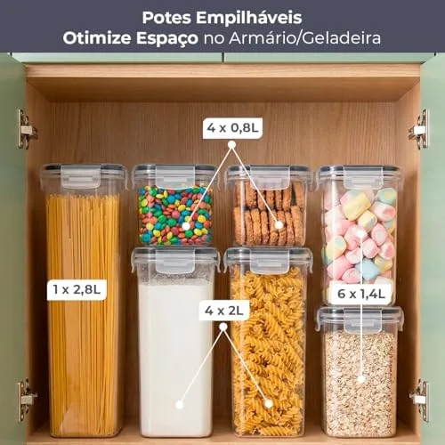 Decolab Kit Potes Herméticos Plástico com Vedação BPA Free - Organizador de Geladeira, Porta Cereais, Temperos e Mantimentos (15, transparente, Retangular) 4x 0,8L / 6x 1,4L / 4x 2,0 / 1x 2,8L