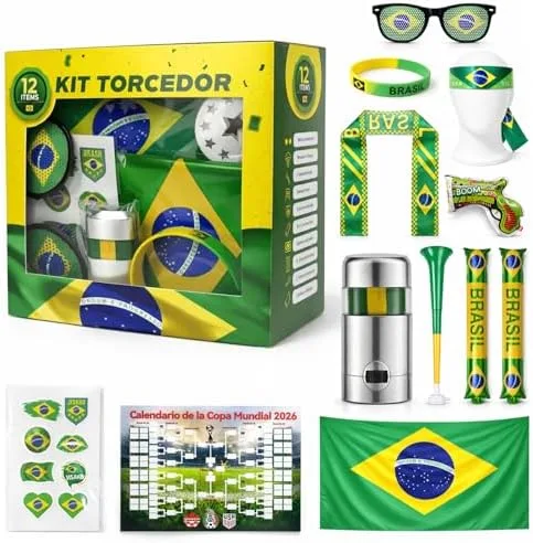 Kit Torcedor Brasil Copa do Mundo 2026 Completo 12 Peças – Bandeira 150x90cm, Corneta Retrátil, Pintura Facial, Tatuagem, Óculos, Pulseira, Bastões – Ideal para Festas e Churrasco