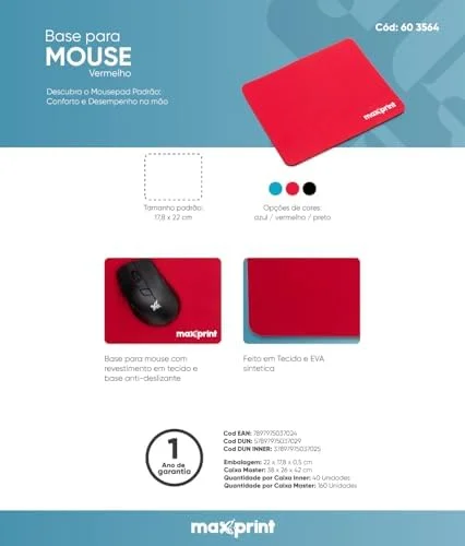 Maxprint Base para Mouse Mini – Vermelha – Revestimento em Tecido – Base Antiderrapante – Ideal para Escritório e Notebook