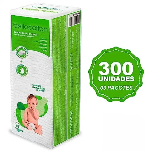 Kit Algodão Bellacotton Quadrado Hipoalergênico para Bebês (3 Pcts - 300 unidades)
