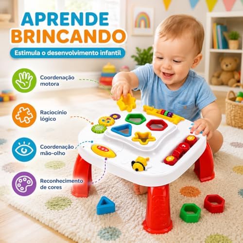 Mesinha Didática Infantil com Atividades – Brinquedo Educativo Sensorial com Formas de Encaixe, Engrenagens e Som – Coordenação Motora 12 Meses+