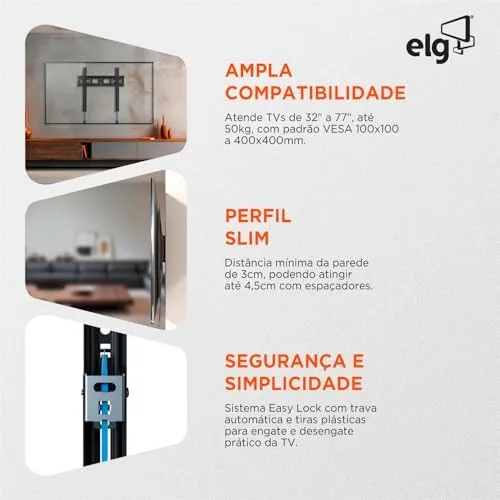 ELG, N01V4, Suporte Fixo de Parede para TVs de 32" a 77", Compatível com TVs Curvas e Planas, Feito em Aço Carbono, Suporta Até 50kg, Preto
