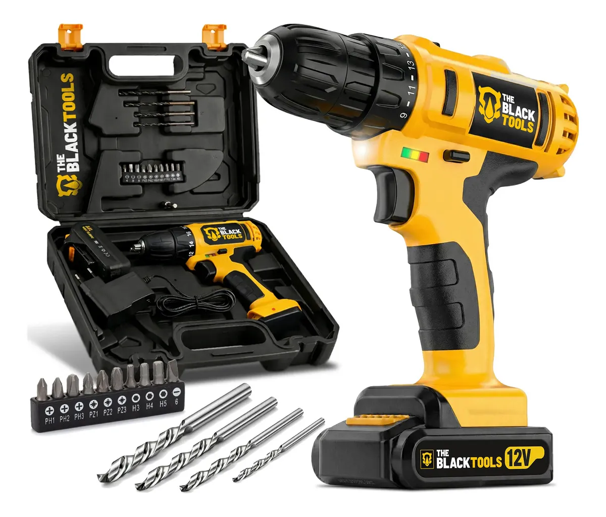 Furadeira Parafusadeira Sem Fio A Bateria Tb-12e 12v 3/8 10mm Com Maleta E Acessórios The Black Tools Amarelo/preto 127/220v 60