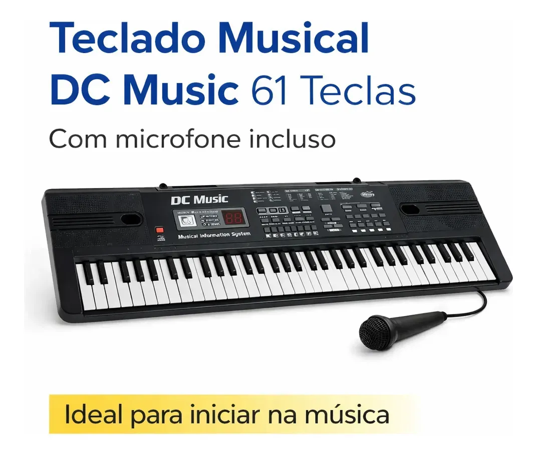 Teclado Musical DC Music Iniciante de 61 Teclas com Microfone Para Crianças e Estudo