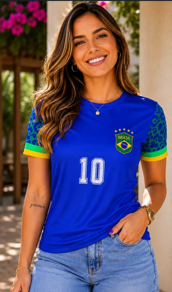 Camiseta Feminina Dry Fit Brasil - Proteção Uv 35 Azul Brasil P Estampa Localizada