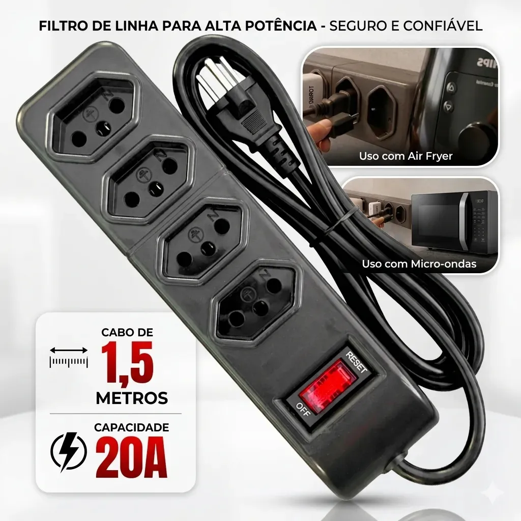 Régua Extensão Filtro De Linha Profissional Protetor Elétrico 4 Tomadas 20a Cabo 1,5 Metros Bivolt Micro-ondas Air Fry Cafeteria Preto 127/220v