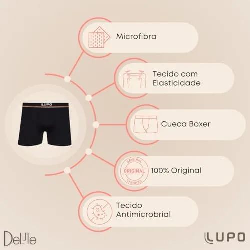 Kit 6 Cuecas Boxer Lupo Microfibra Poliamida Sem Costura Adulto Masculino